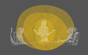 Illustration zeigt eine Frau mit strahlender Aura während eines Vortrags