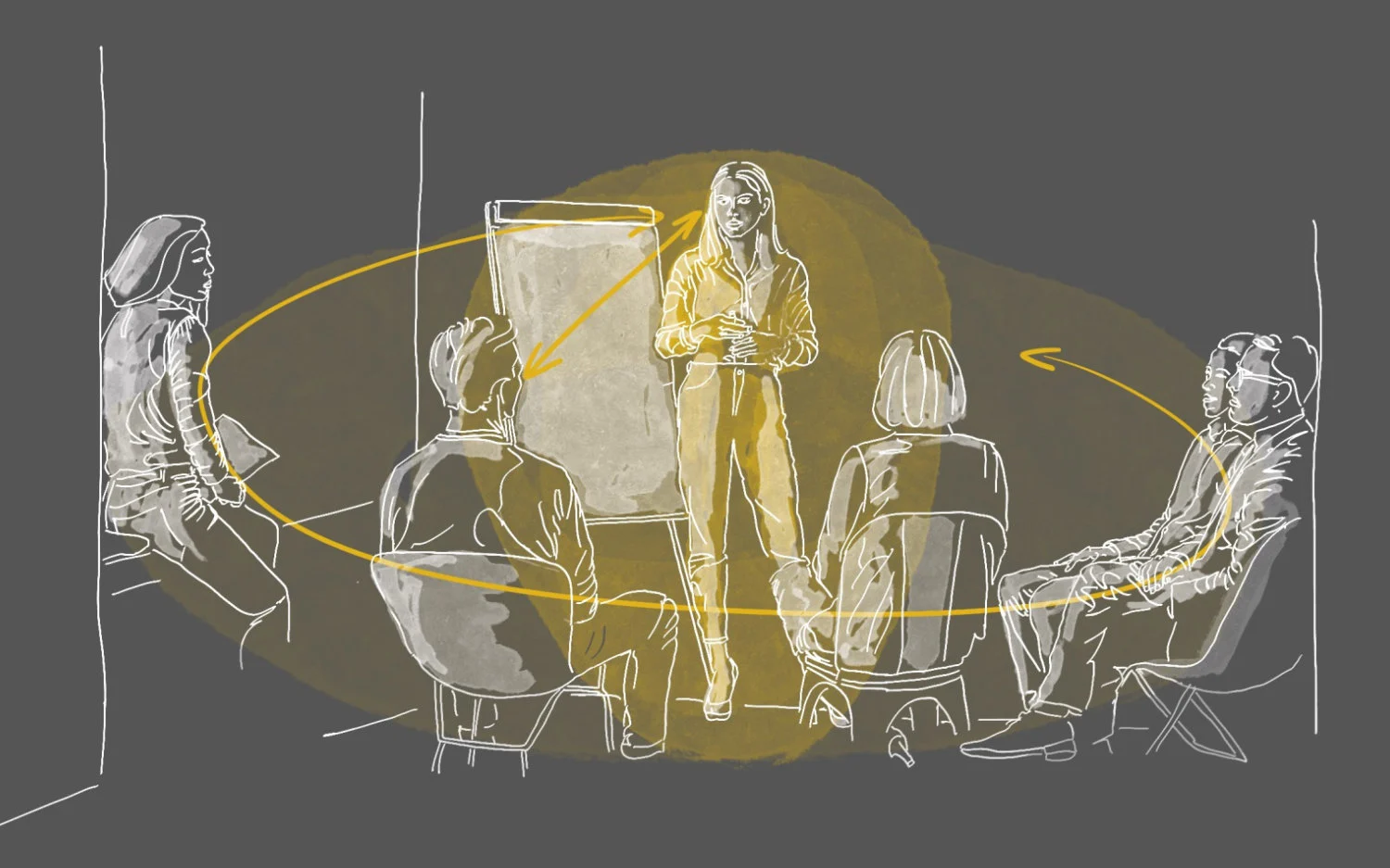 Illustration zeigt eine Trainerin am Flipchart vor einer Gruppe im Sitzkreis
